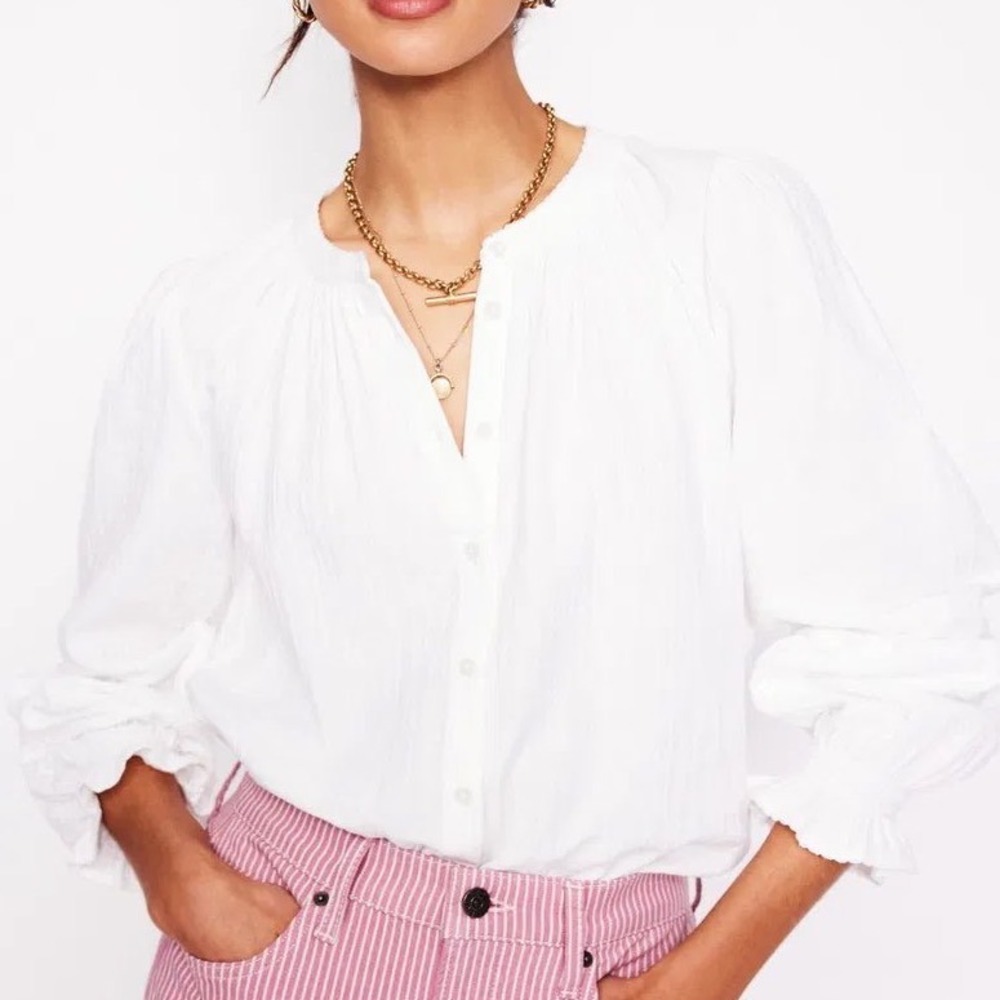 Boden Womens Evie White Double Cloth Beachy Boho Gauze Cotton Blouse Size 6